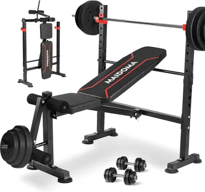 Showcases the full weight bench setup with all included components to demonstrate the comprehensive home gym solution. Displays all the individual pieces included in the set to highlight the value…