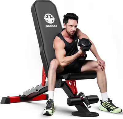 Shows a muscular model using the weight bench to demonstrate its functionality and appeal to fitness enthusiasts. Displays the weight bench product clearly to showcase its design and features.