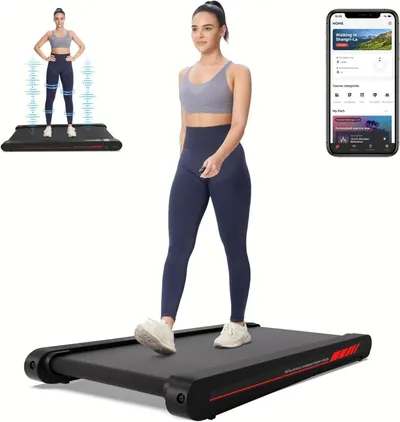 Showcases the complete product system including the treadmill and accompanying mobile app for a comprehensive home workout solution. Demonstrates the product in use with a model to provide scale and…