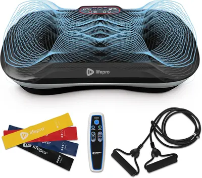 Showcases the main vibration platform product along with included accessories to demonstrate the complete package offered. Highlights the additional components that come with the vibration platform,…