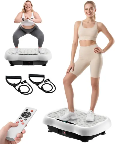 Showcases the vibration platform exercise machine and its accessories, demonstrating its use for different body types. Highlights the included accessories (resistance bands and remote control) to…