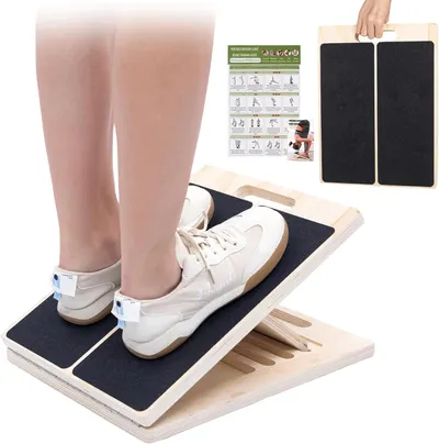 Showcases the main product (slant board) and included exercise guide to demonstrate its functionality and ease of use. Highlights the included components (removable pads and exercise guide) to show…