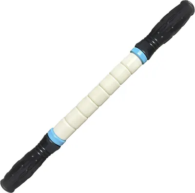 Showcases the full length and design of the massage stick roller, highlighting its segmented structure and ergonomic handles.