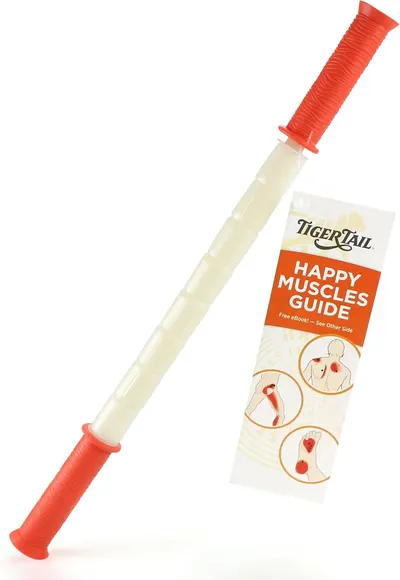 Showcases the product's design and included guide to demonstrate its function as a muscle massage tool. Highlights the included instruction guide to inform customers about proper usage and targeted…