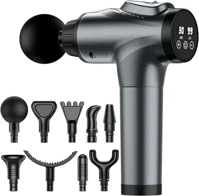 Showcases the main product and its included attachments to demonstrate versatility and value. Displays the various massage attachments to highlight the product's adaptability for different body…