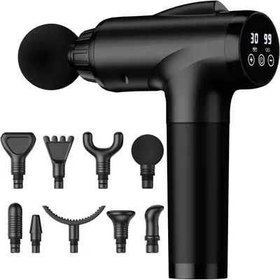 Showcases the main product (massage gun) along with its various attachments to demonstrate versatility and functionality. Displays all the included attachments to highlight the product's versatility…