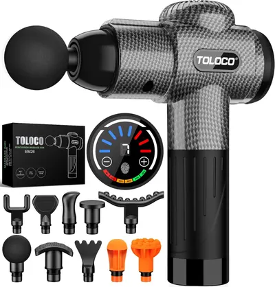 Showcases the main product (massage gun) along with its various attachments and features to demonstrate versatility and value. Highlights the included accessories and control interface to emphasize…