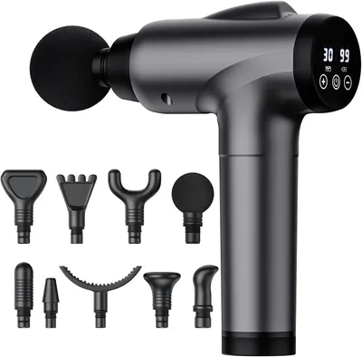 Showcases the main product and its included attachments to demonstrate versatility and value. Displays the various massage heads included, highlighting the product's adaptability for different body…