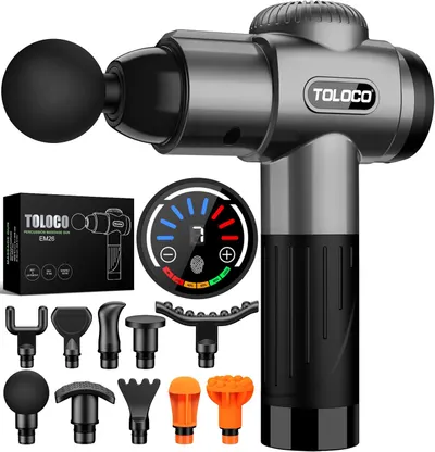 Showcases the main product (massage gun) along with its various attachments and features to demonstrate versatility and functionality. Displays all the included attachments and accessories to…