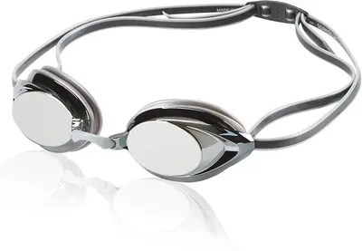 Showcases the sleek design and mirrored lenses of the swimming goggles, highlighting their professional appearance.