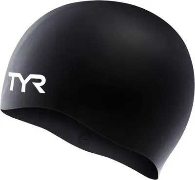 Showcases the sleek, black swimming cap with clear branding to appeal to swimmers and athletes.