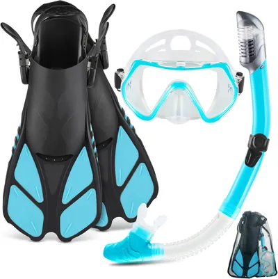 Shows all components of the snorkeling set to demonstrate the full package buyers will receive.
