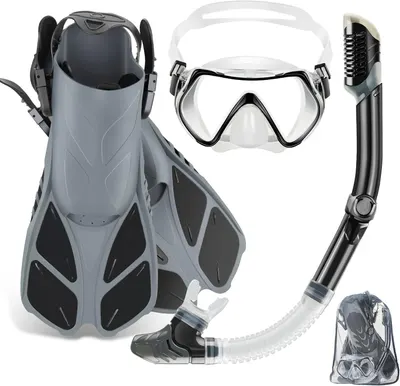 Showcases all components of the snorkeling set to demonstrate the comprehensive package offered to potential buyers. Displays all individual parts included in the set to highlight the value and…