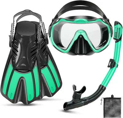 Showcases the full snorkeling kit including mask, fins, and snorkel to demonstrate the comprehensive nature of the product. Displays all components of the snorkel set to clearly show what is…