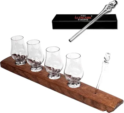 Showcases the complete whisky tasting set including glasses, wooden stand, and pipette for precise sampling. Displays all components of the whisky tasting set to show buyers exactly what they will…