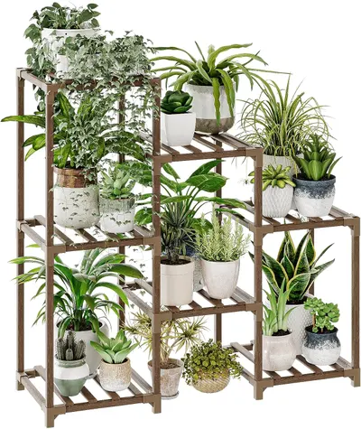 Showcases a versatile plant stand with multiple levels for displaying various indoor plants and pots. Demonstrates how the product can be used to create an attractive indoor garden arrangement with…