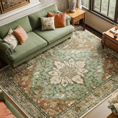 Showcases the rug in a stylish, real-world living room setting to help shoppers visualize how it would look in their own home.