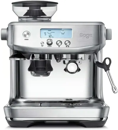 Showcases the full espresso machine with built-in grinder to highlight its all-in-one functionality and premium design.