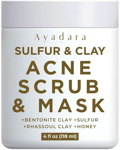 Showcases the product's packaging and highlights its key ingredients and dual functionality as both a scrub and mask for acne treatment.