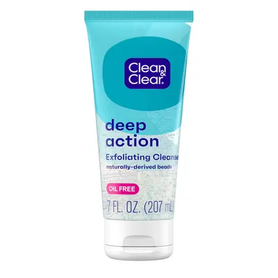 Showcases the product's packaging and key features to inform shoppers about its exfoliating properties and oil-free formula.
