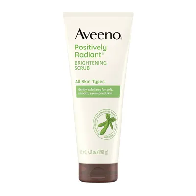 Showcases the product's packaging and clearly displays key features like brightening effects and suitability for all skin types.