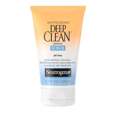 Showcases the product's packaging and highlights its key features as a gentle, oil-free exfoliating scrub for deep cleaning pores.