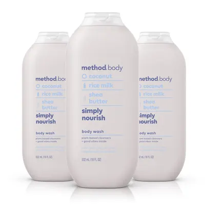 Shows three identical bottles of body wash to emphasize the product and its availability in multiple units. Displays multiple bottles of the same product to showcase quantity options or bulk…