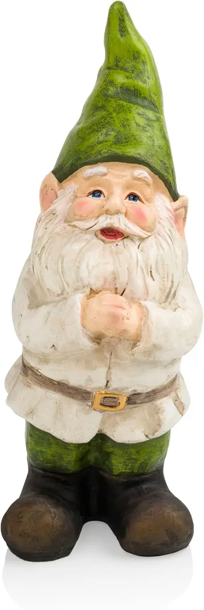 Showcases the detailed design and whimsical appearance of the garden gnome product against a white background.