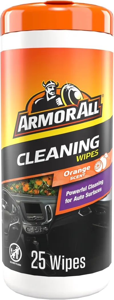 Showcases the product packaging and highlights key features like the orange scent and number of wipes.