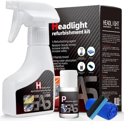 Showcases all components of the headlight restoration kit to demonstrate the complete solution offered. Displays all included items in the kit to inform customers about the comprehensive nature of…