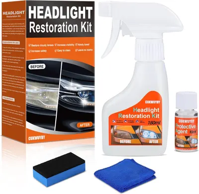 Showcases all components of the headlight restoration kit to demonstrate value and ease of use. Displays each individual item included in the kit to inform customers of the complete package they…