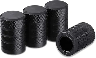 Showcases the product's design and quantity, highlighting the set of black metal tire valve caps. Demonstrates that the product comes as a set of multiple valve caps, indicating value and…