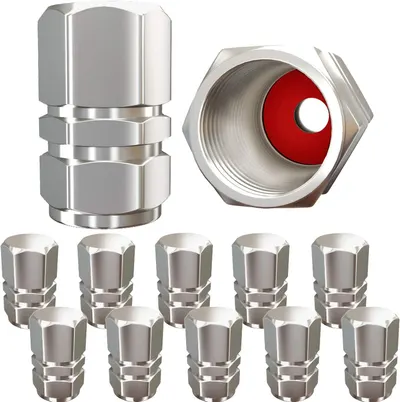 Showcases the product's design and quantity, highlighting the premium metal construction and red interior detail. Demonstrates that the package includes multiple valve stem caps, emphasizing value…