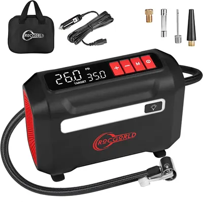 Shows the main product (tire inflator) along with all included accessories to give buyers a clear view of what they'll receive. Displays all components included with the tire inflator, emphasizing…