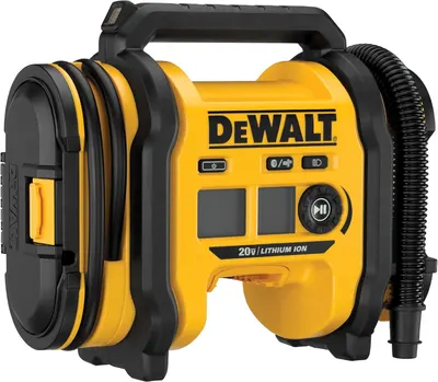 Showcases the DeWalt portable air compressor, highlighting its compact design and key features.