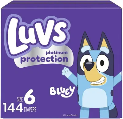 Showcases the product packaging and brand identity through the Bluey character to appeal to parents and children.