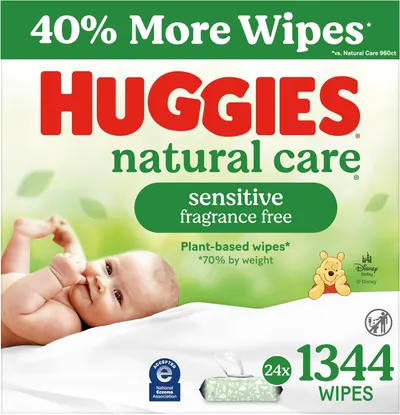 Showcases the product packaging while highlighting key features like sensitivity, fragrance-free formula, and increased quantity of wipes.