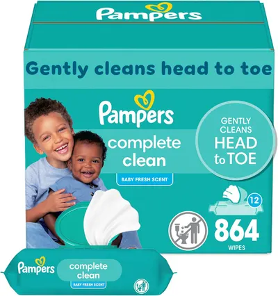 Showcases the product packaging and highlights key features like gentle cleaning and fresh scent to appeal to parents seeking safe, effective baby wipes.