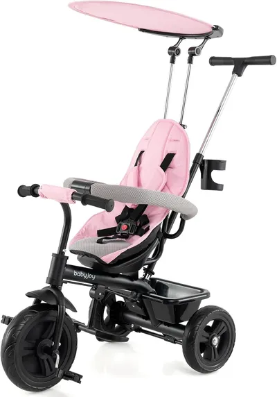 Showcases the full product design, highlighting the tricycle's features including the adjustable canopy and parent push handle.