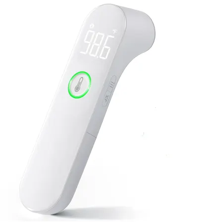 Showcases the sleek design and clear digital display of the thermometer, emphasizing its modern and easy-to-read features.