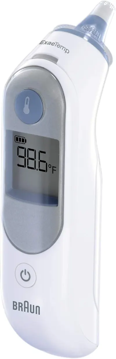 Showcases the product's clear digital display and ergonomic design for easy temperature reading.