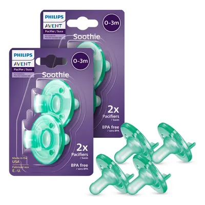 Shows the retail packaging and multiple units of the product to communicate what's included in the purchase. Displays the actual pacifiers to highlight their design and features for newborns.