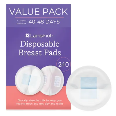 Showcases the product packaging and highlights the large quantity (240 count) of disposable breast pads available in this value pack.