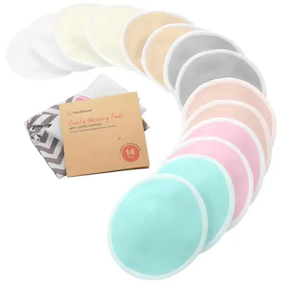 Showcases the variety of colors available and the quantity of nursing pads included in the package. Displays the product packaging to highlight the eco-friendly aspect and brand identity.