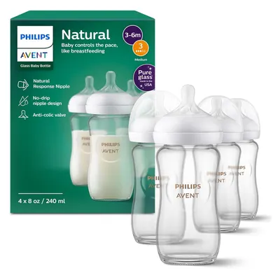 Showcases the product packaging and included bottles to highlight key features and contents of the set. Displays the complete set of glass baby bottles and nipples included in the package to show…