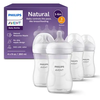 Showcases the product's key features and design to highlight its similarity to breastfeeding and ease of use for babies. Displays the complete set of bottles included in the package, giving…