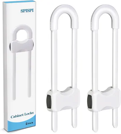 Shows the product clearly against a white background to demonstrate its design and quantity included in the package. Displays the two cabinet locks included in the package to inform customers about…