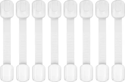 Showcases a set of identical white safety locks to demonstrate the quantity included and their simple design. Displays multiple units of the same product to highlight the number of locks included in…