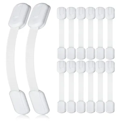 Showcases a set of white child safety locks to demonstrate the product's appearance and quantity included. Displays different sizes of safety locks to show the variety included in the package,…