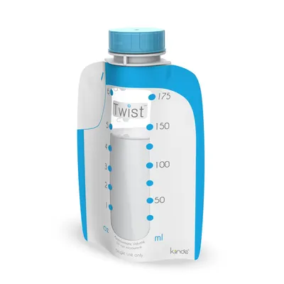 Showcases the product's design and measurement markings to highlight its functionality for storing breast milk.